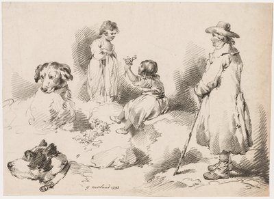 Çocuk Çalışmaları (İki Küçük Kız); İki köpek; Bir adam by after George Morland