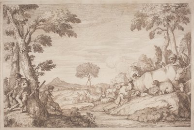 Ağacın Yanında Flüt Çalan Bir Çocukla Pastoral Bir Yolculuk by after Giovanni Benedetto Castiglione Gaetano Zompini