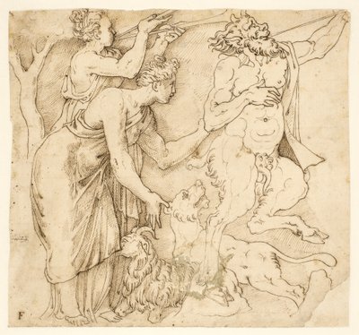 Bir satir, iki kadın, bir aslan ve bir keçi by after Giulio Romano