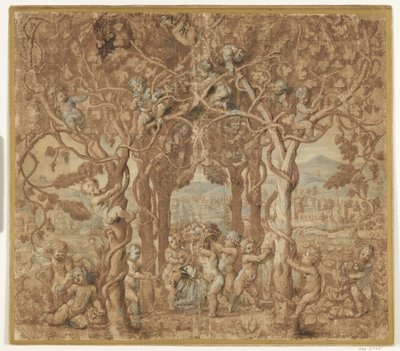Putti şarap topluyor ve tekeyle oynuyor by after Giulio Romano