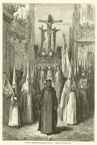 Bir pasoya eşlik eden Cofrades (tövbekarlar) by Gustave after Dore