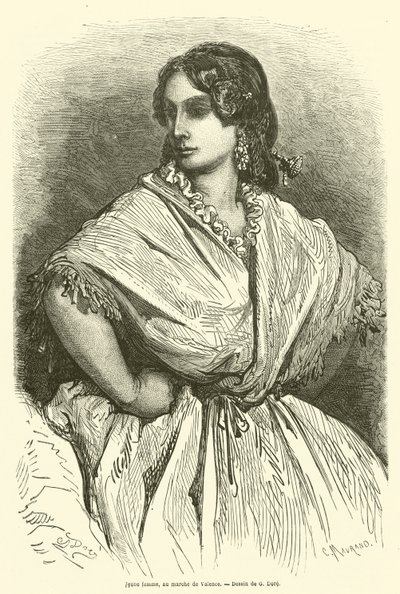 Valence pazarında genç kadın by Gustave after Dore