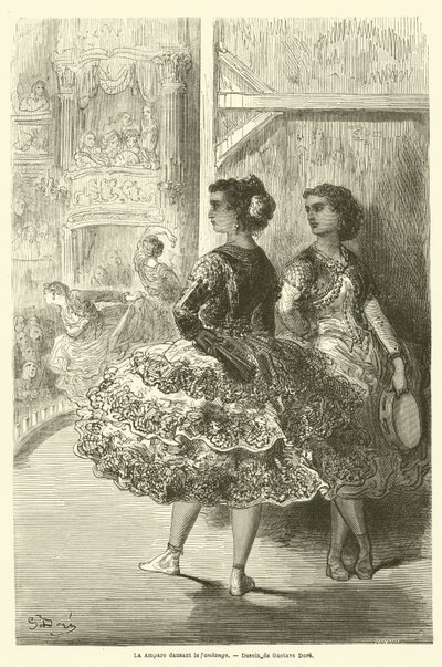 La Amparo, fandango dansı yapıyor by Gustave after Dore