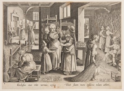 İpekböceklerine dut yaprağı yedirmek by after Jan van der Straet, called Stradanus