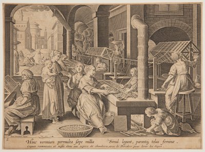 İpek kozalarının çözülmesi by after Jan van der Straet, called Stradanus