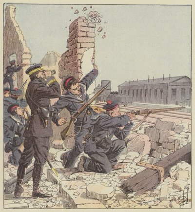 Tien-Tsin istasyonunun denizciler tarafından savunması by after Louis Charles Bombled
