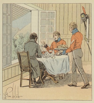 Las-Cases nöbetçi memurla yemek yiyor by after Louis Charles Bombled