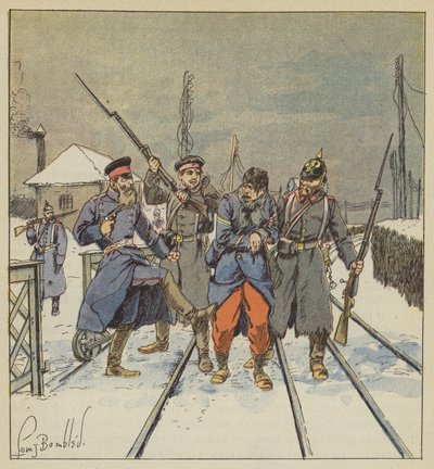 Yaralanan ve esir alınan Fourrier Papot, bir Prusyalı subay tarafından utanç verici bir şekilde dövülür. by after Louis Charles Bombled