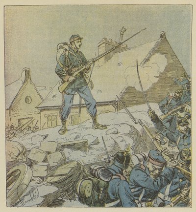Çavuş Pitou, Courceboeufs barikatına korkusuzca tırmanırken, köyü almaya karar verir. by after Louis Charles Bombled