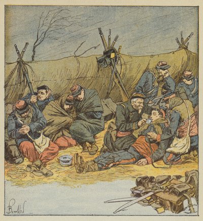 Artık çadırda kalamayan askerler, barınakları doğaçlama yapıyor. by after Louis Charles Bombled