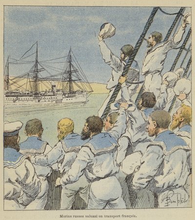 Bir Fransız nakliyesini selamlayan Rus denizciler by after Louis Charles Bombled