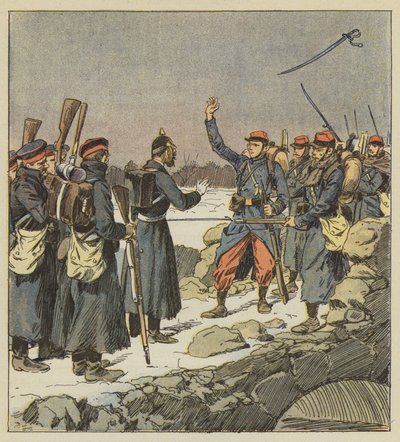 Bir Alman subayı kılıcını rüzgara fırlatan bir Fransız onbaşıya geri veriyor. by after Louis Charles Bombled