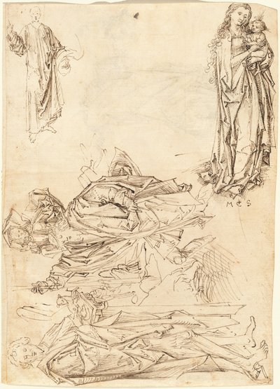 Aziz Christopher, Vaftizci Yahya, Bakire ve Çocuk ve Mesih Kutsaması (rekto) by after Martin Schongauer Master of the Drapery Studies