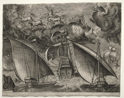 Yelkenli Gemiler: Gökyüzünde Phaeton ve Jüpiter ile Silahlı Üç Ustanın Arkasında Yelken Açan İki Kadırga by after Pieter Bruegel