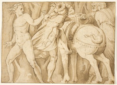 Roma tarihinden bir sahne mi? Çıplak bir adam tarafından tutulan bir ata binen bir adam by after Polidoro da Caravaggio