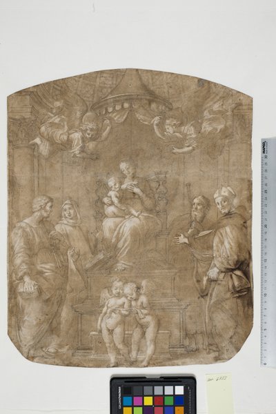 Aziz Peter, Bernard (veya Bruno), James, Augustine ve dört melek, Madonna del Baldacchino ile Madonna ve Çocuk by after Raphael