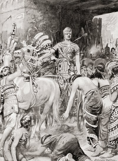 Mısırlı Psamtik I, Hutchinsons Uluslar Tarihinden Azotus veya Aşdod şehrine girerken, pub.1915 by after Robert Dudley