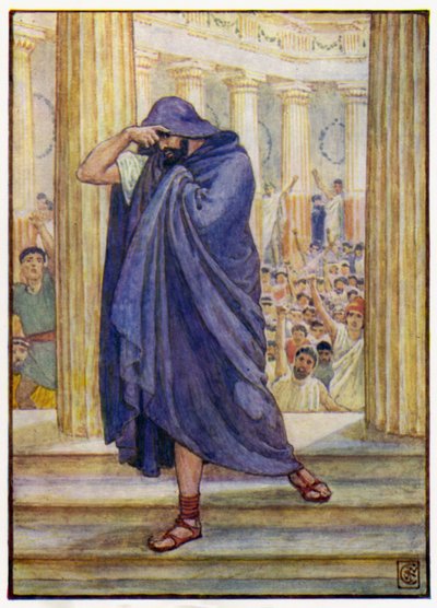 Yüzünü pelerinine gizleyerek meclisten ayrıldı by after Walter Crane