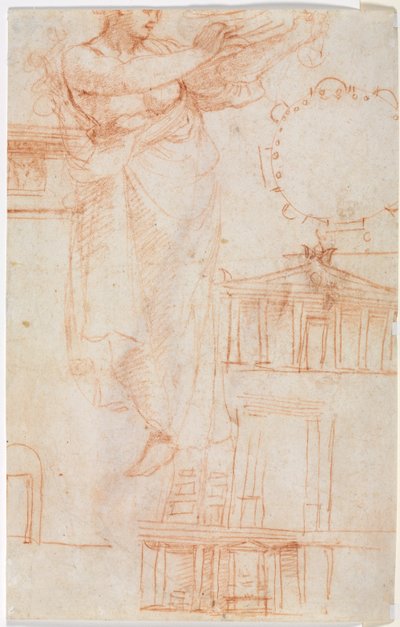 Draped Kadın Figürü (muhtemelen bir Amazon) ve Mimari Çalışmalar (versiyon) by attributed to Correggio