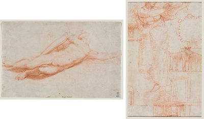 Düşmüş Bir Askerin Çalışması (muhtemelen Saul'un Dönüşümü) (rekto); Draped Kadın Figürü (muhtemelen bir Amazon) ve Mimari Çalışmalar (versiyon) by attributed to Correggio
