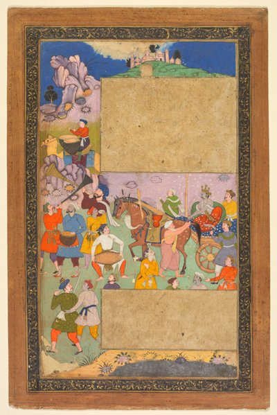 Bir uşak ve müzisyen maiyetiyle kayalık bir arazide süren bir araba sürücüsü, Nakib Han (Farsça) olarak bilinen Mir Ghiyath al-Din Ali Qazvini tarafından Sanskritçe Mahabharata