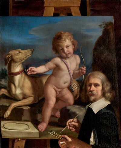"Amor Fedele" Tablosunun Önündeki Otoportre by called Guercino Giovanni Francesco Barbieri