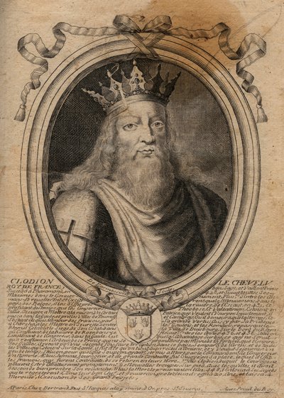 Clodion dit “” Le Chevelu”” (428-448), Merovingianların atası, Salians Frangı şefi - Clodion The Hairy (c.428-47) Salian Franks Kabilesinin Kralı - 'Les Augustes Representations'dan gravür de tous les Kings de France dan Pharamond t by de Larmessin