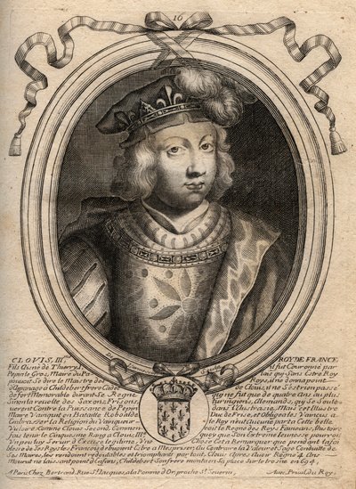 691'den 695'e kadar Frangın kralı Clovis III'ün portresi - CLOVIS III Merovingian Neustria ve Austrasia kralı - 'Les Augustes Representations de tous les Kings de France'dan Pharamond'dan Louis XIV'e', Paris'ten gravür by de Larmessin