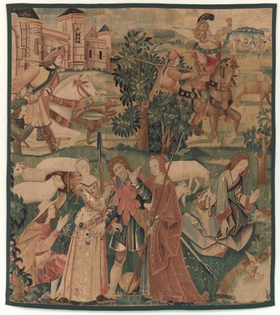 Av ve Pastoral Sahneler, bayanlar arasında gülen bir adamla by design probably French 16th Century, Paris; woven in southern Netherlands or Paris in an undetermine workshop