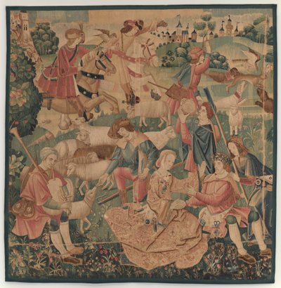 Av ve Pastoral Sahneler, bayanlar arasında çelenkli bir kahramanla by design probably French 16th Century, Paris; woven in southern Netherlands or Paris in an undetermine workshop