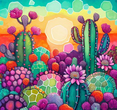 Desert Bloom: Kaktüs Yaylalarında Gün Batımının Renkli Soyut Resmi by F. Abderrahim