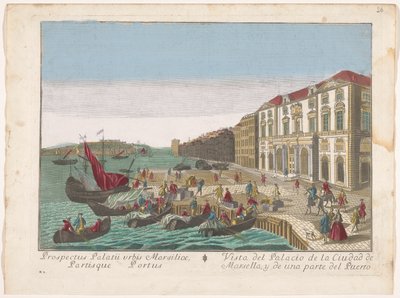 Gezicht op het Stadhuis en dehaven te Marsilya Marsilya Şehir Sarayı'nın görünümü ve limanın bir kısmı (nesne üzerindeki başlık) by familie Remondini (attributed to)