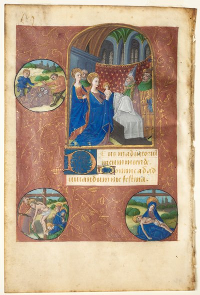 Bir Saatler Kitabından Yaprak: Lot Dökümü, Biriktirme ve Pietà (Yok, Bakire Ofisi) ile Tapınakta Sunum by follower of Master of Adélaïde de Savoie