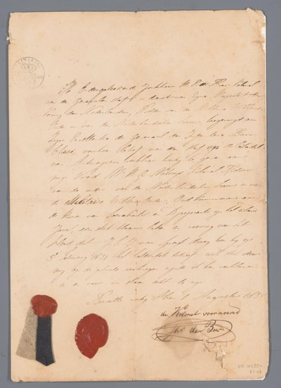 Menşe kanıtlarıyla birlikte JCJ van Speyk'in üniforma eteğinden bir levha parçası by jonkheer H. E. de Boer
