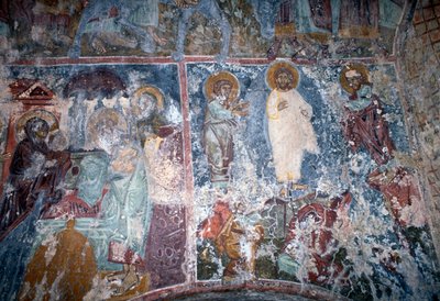 İsa ve azizler, Bizans kilisesinde fresk Sotiras Christos, Vlithias, Girit, Yunanistan (fotoğraf) by Theodore Charles Ange Coquelin