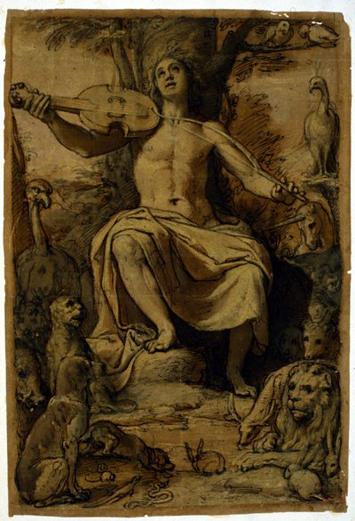 Orpheus hayvanları keman müziğiyle büyüler. Federico Zuccari