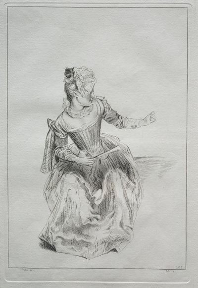 Bir yelpaze tutan kadın by possibly by Benoit II Audran