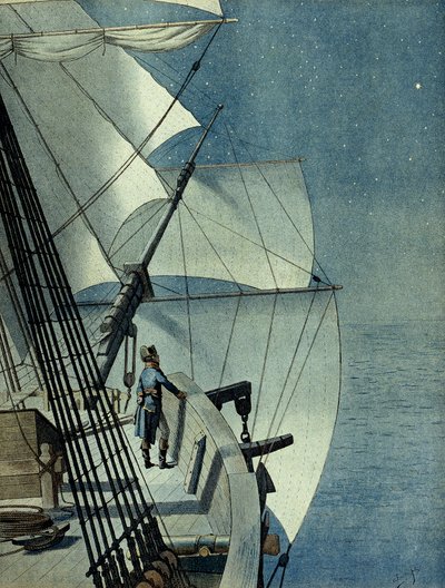 Mısır Seferi (Seferi) (1798-1801): İskenderiye'den Mısır'a “La Muiron” fırkateyninde dönüş, Napolyon I Bonaparte (1769-1821) teknenin köprüsünde tek başına geceleri Akdeniz'i düşünüyor by pseudonym for Onfray de Breville Jacques Job