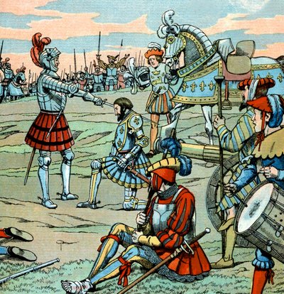 Fransız kralı 1. François, 14 Eylül'deki Marignan savaşından hemen sonra Bayard tarafından şövalye ilan edildi. by pseudonym for Onfray de Breville Jacques Job