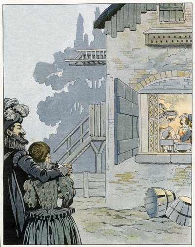Henry IV (1553-1610) ve tenceredeki tavuk: kral, bir köylü ailesinin yemeğini gözlemler ve tenceredeki tavuk sayesinde onların yaşam koşullarını iyileştirmek ister. “Fransa, G. Montorgueil tarafından anlatılan hikayesi, Job tarafından görüntülendi”” 1896.  by pseudonym for Onfray de Breville Jacques Job