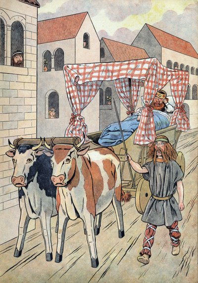 Fransa Tarihi. Tembel kralları oyuncaklarla betimleyen sahne: Fransa Kralı III. Thierry (673-691) öküzlerin çektiği yatağı olan bir tank taşır. “” Joujoux a l