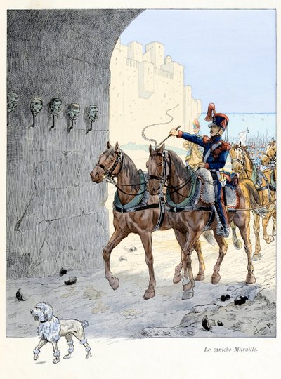 A Fabre tarafından yazılan “A la gloire des betes” kitabından illüstrasyon, çizimler Jacques Marie Gaston Onfray de Breville dit JOB (1858-1931), yayıncı Maison Alfred Mame et fils: The Mitraille fino köpeği (2. topçuda basit fino köpeği) alay, o oldu by pseudonym for Onfray de Breville Jacques Job
