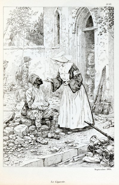 “La Grande Guerre par les artistes” kitabından illüstrasyon: “” La cigarette Septembre 1914””” Jacques Marie Gaston Onfray de Breville dit JOB (1858-1931), Kısmi Koleksiyon tarafından yaralı bir askere sigara verilmesi dini by pseudonym for Onfray de Breville Jacques Job