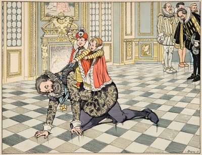 Jacques Marie Gaston Onfray de Breville dit JOB (1858-1931) tarafından resmedilen “Le bon roy Henri” kitabından illüstrasyon: IV. Henri, İspanyol büyükelçisinin önünde çocuklarıyla oynuyor - Özel koleksiyon by pseudonym for Onfray de Breville Jacques Job