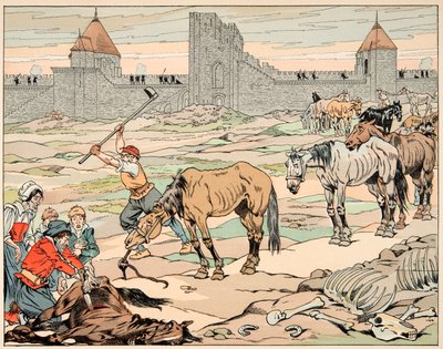 “Le bon roy Henri” kitabından alınan çizim, Jacques Marie Gaston Onfray de Breville dit JOB (1858-1931): Parisliler aç atlarını katletiyor - Özel koleksiyon by pseudonym for Onfray de Breville Jacques Job
