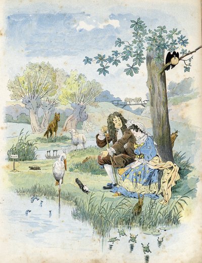 Jean de La Fontaine (Lafontaine) (1621-1695) genç bir kızla konuşuyor. Etraflarında şairin masallarında yer alan hayvanlar bulunur: kurt, kuzu, leylek, kaplumbağa, sıçan, kurbağa, tavşan, tilki, kuzgun... “Fransa