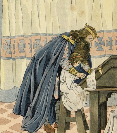 Kral Charlemagne (Büyük Charles olarak bilinen I. Charles, 742-814) küçük bir çocuğu eğitir ve okulu icat eder. “Fransa, G. Montorgueil tarafından anlatılan hikayesi, Job tarafından görüntülendi”” 1896. Özel koleksiyon. by pseudonym for Onfray de Breville Jacques Job