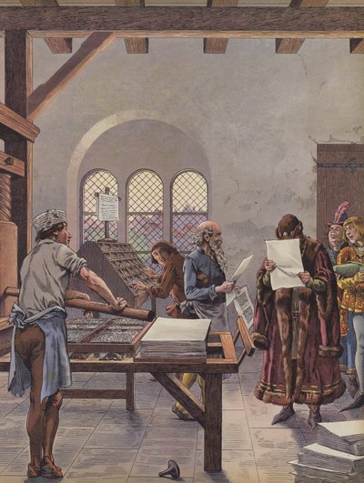 Kral Louis XI bir baskı makinesine basılmış bir belgeyi okuyor (renkli lito) by pseudonym for Onfray de Breville Jacques Job