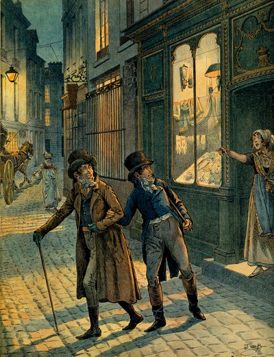 Louis Antoine Fauvelet de Bourrienne (1769-1834) ve Napolyon I Bonaparte (1769-1821) Paris sokaklarında kılık değiştirmiş halde. Jacques Marie Gaston Onfray de Breville
