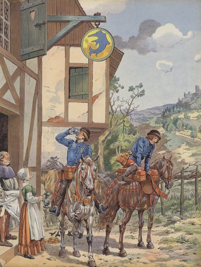 Yol kenarındaki bir handa tazeleme yapan haberciler (renkli taş) by pseudonym for Onfray de Breville Jacques Job